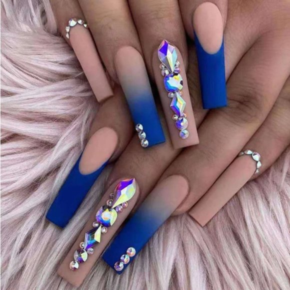 Accessories - NEW Blue + Nude Crystal Embellished Fake Nails Rhinestone Coffin Nails
